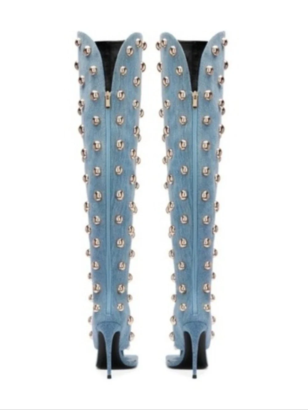 IYKYK I Am Jennifer Le Big Gold Studded Over-the-Knee Denim Stiletto Boot